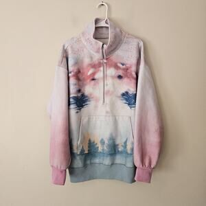 Anthropologie Pilcro Half Zip Pullover Sweatshirt Scenic Rose Green Ivory Medium